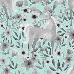 Pastel Mint Unicorn and Flowers