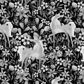 Black and White  Unicorn and Flowers 2021 Color Trend Fabric and Wallpaper Kids and Woman Fashion
