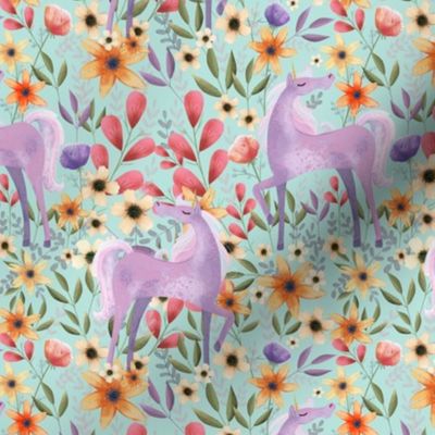 Mint Unicorn and Flowers 2021 Color Trend Fabric and Wallpaper Kids and Woman Fashion