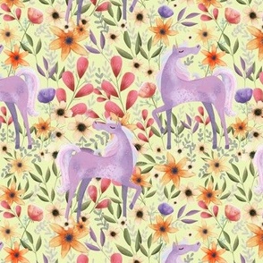 Yellow Pastel Unicorn and Flowers 2021 Color Trend Fabric and Wallpaper Kids and Woman Fashion