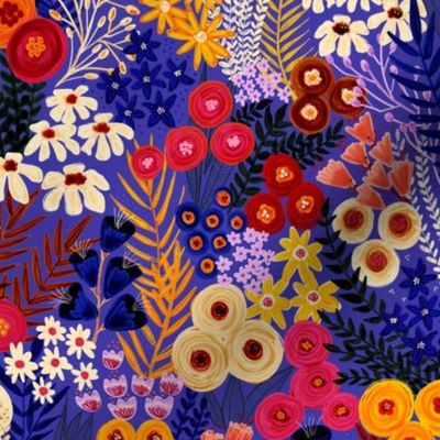 Painted Florals Blue Orange Pink - SMall
