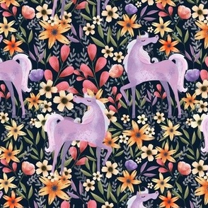 Navy Unicorn and Flowers 2021 Color Trend Fabric and Wallpaper Kids and Woman Fashion