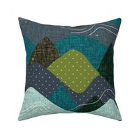 20"x20" seamlessly repeating layered mountains: olive x, summit, green olive, 165-8 x, blue pine, teal no. 2, 174-15 x, 174-15