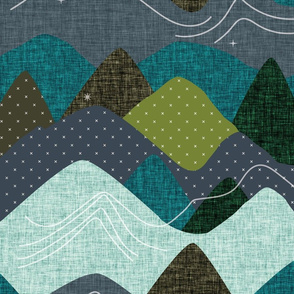 20"x20" seamlessly repeating layered mountains: olive x, summit, green olive, 165-8 x, blue pine, teal no. 2, 174-15 x, 174-15