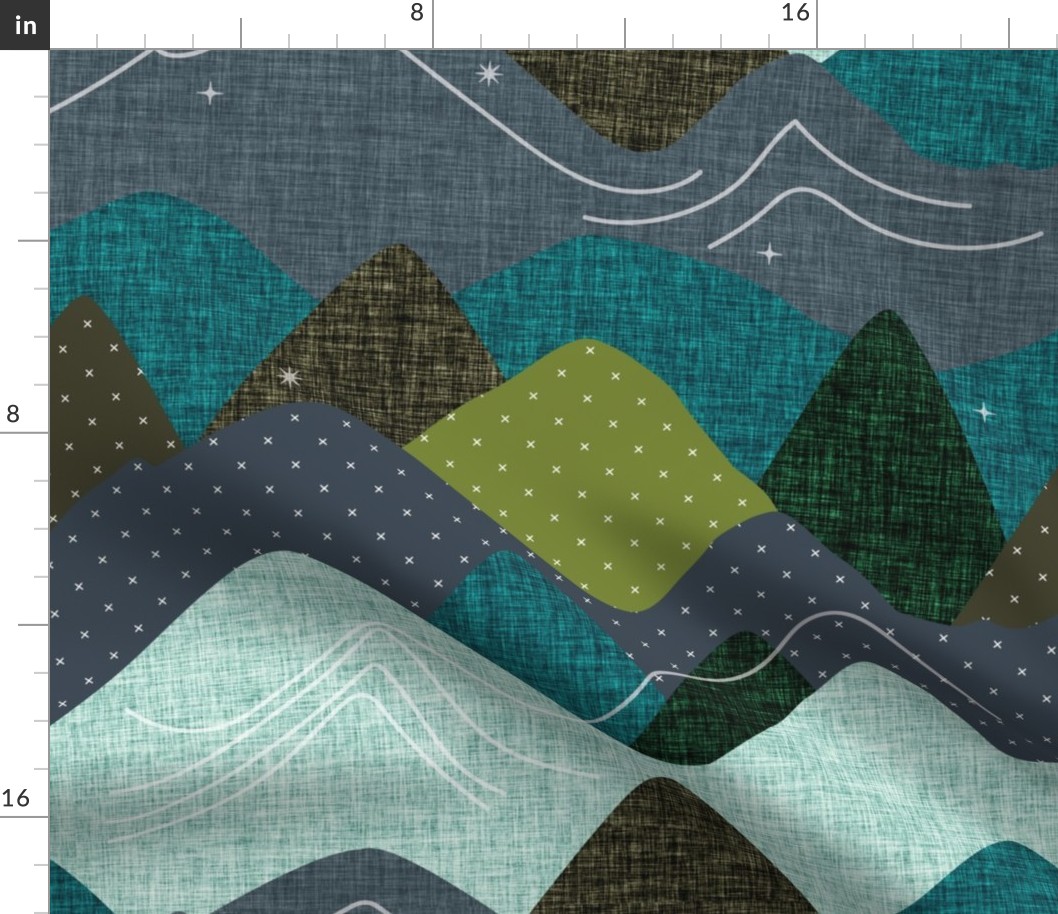 20"x20" seamlessly repeating layered mountains: olive x, summit, green olive, 165-8 x, blue pine, teal no. 2, 174-15 x, 174-15