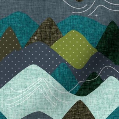 9"x9" seamlessly repeating layered mountains: olive x, summit, green olive, 165-8 x, blue pine, teal no. 2, 174-15 x, 174-15