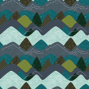 9"x9" seamlessly repeating layered mountains: olive x, summit, green olive, 165-8 x, blue pine, teal no. 2, 174-15 x, 174-15