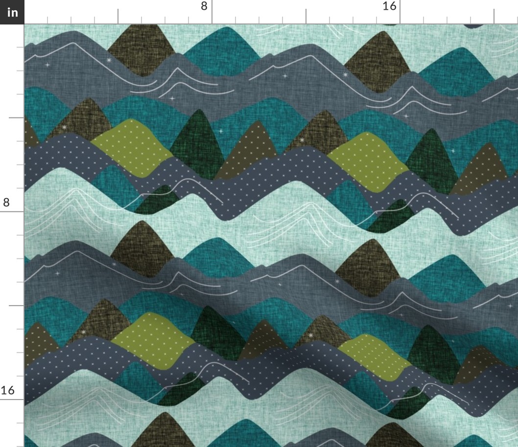 9"x9" seamlessly repeating layered mountains: olive x, summit, green olive, 165-8 x, blue pine, teal no. 2, 174-15 x, 174-15