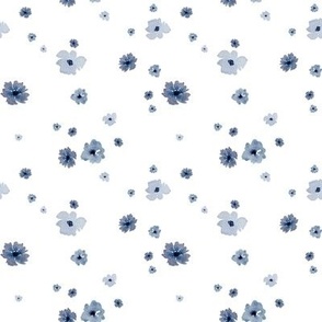 Delicate Dancing Navy Flowers on White