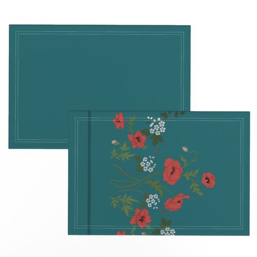 Poppies & Hawthorn Border Print on Dark Teal