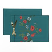 Poppies & Hawthorn Border Print on Dark Teal