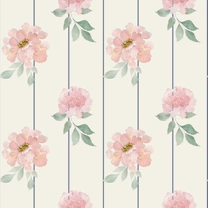 Peonies and Stripes on Cream- Medium