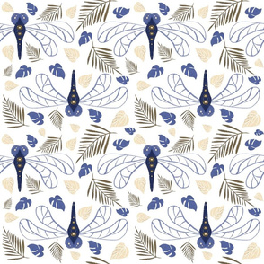 Blue Dragonfly Leaf Pattern on White