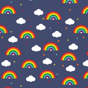 Dark Blue Fabric with a Rainbows and Clouds Design