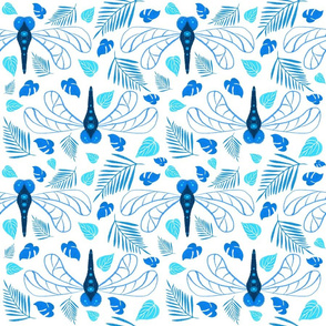 Bright Blue Dragonfly and Leaf Pattern on White  