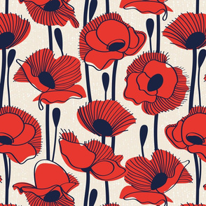 Normal scale // Field of red poppies // white linen background neon red orange shade wildflowers oxford navy blue line contour