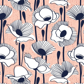 Normal scale // Field of white poppies // rose background white wildflowers oxford navy blue line contour