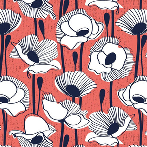 Normal scale // Field of white poppies // coral background white wildflowers oxford navy blue line contour