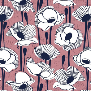 Normal scale // Field of white poppies // dry rose background white wildflowers oxford navy blue line contour