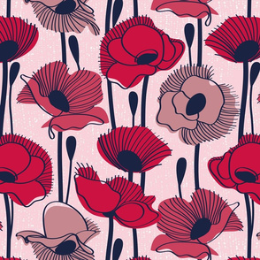 Normal scale // Field of poppies // pastel pink background carmine red pink and dry rose wildflowers oxford navy blue line contour