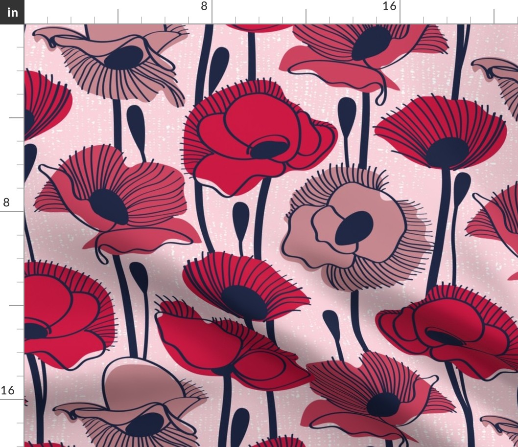 Normal scale // Field of poppies // pastel pink background carmine red pink and dry rose wildflowers oxford navy blue line contour