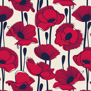 Normal scale // Field of carmine red poppies // white linen background carmine red wildflowers oxford navy blue line contour