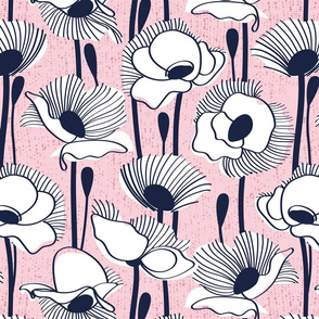 Normal scale // Field of white poppies // pastel pink background white wildflowers oxford blue line contour 