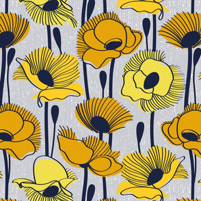 Normal scale // Field of yellow poppies // light grey background yellow wildflowers oxford navy blue line contour 