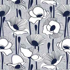 Normal scale // Field of white poppies // light grey background white wildflowers oxford navy blue line contour