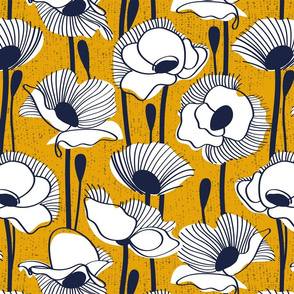 Normal scale // Field of white poppies // goldenrod yellow background white wildflowers oxford navy blue line contour