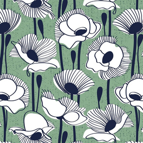 Normal scale // Field of white poppies // jade green background white wildflowers oxford navy blue line contour 