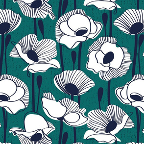 Normal scale // Field of white poppies // pine green background white wildflowers oxford navy blue line contour