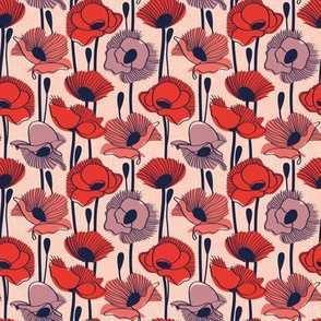 Tiny scale // Field of poppies // rose background neon red orange shade coral and dry rose wildflowers oxford navy blue line contour