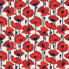 Tiny scale // Field of red poppies // white linen background neon red orange shade wildflowers oxford navy blue line contour