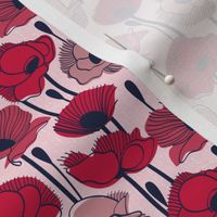 Tiny scale // Field of poppies // pastel pink background carmine red pink and dry rose wildflowers oxford navy blue line contour