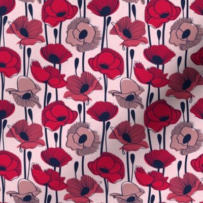 Tiny scale // Field of poppies // pastel pink background carmine red pink and dry rose wildflowers oxford navy blue line contour