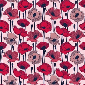 Tiny scale // Field of poppies // pastel pink background carmine red pink and dry rose wildflowers oxford navy blue line contour