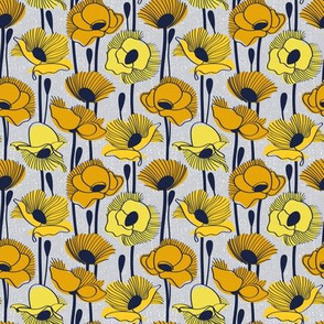 Tiny scale // Field of yellow poppies // light grey background yellow wildflowers oxford navy blue line contour