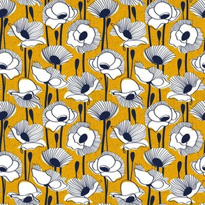 Tiny scale // Field of white poppies // goldenrod yellow background white wildflowers oxford navy blue line contour