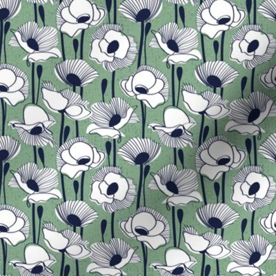 Tiny scale // Field of white poppies // jade green background white wildflowers oxford navy blue line contour