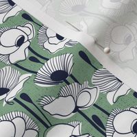 Tiny scale // Field of white poppies // jade green background white wildflowers oxford navy blue line contour