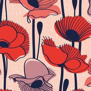 Large jumbo scale // Field of poppies // rose background neon red orange shade coral and dry rose wildflowers oxford navy blue line contour