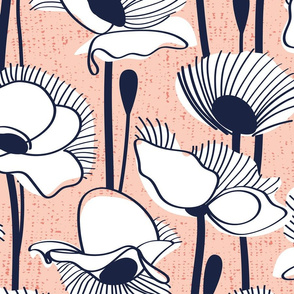 Large jumbo scale // Field of white poppies // rose background white wildflowers oxford navy blue line contour