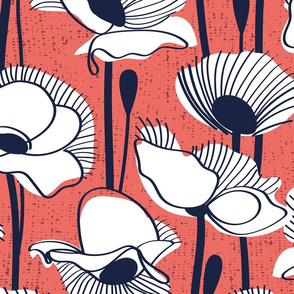 Large jumbo scale // Field of white poppies // coral background white wildflowers oxford navy blue line contour