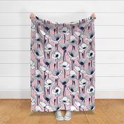 Large jumbo scale // Field of white poppies // pastel pink background white wildflowers oxford navy blue line contour