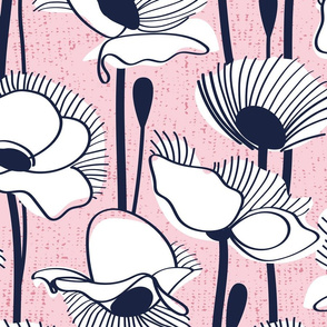Large jumbo scale // Field of white poppies // pastel pink background white wildflowers oxford navy blue line contour