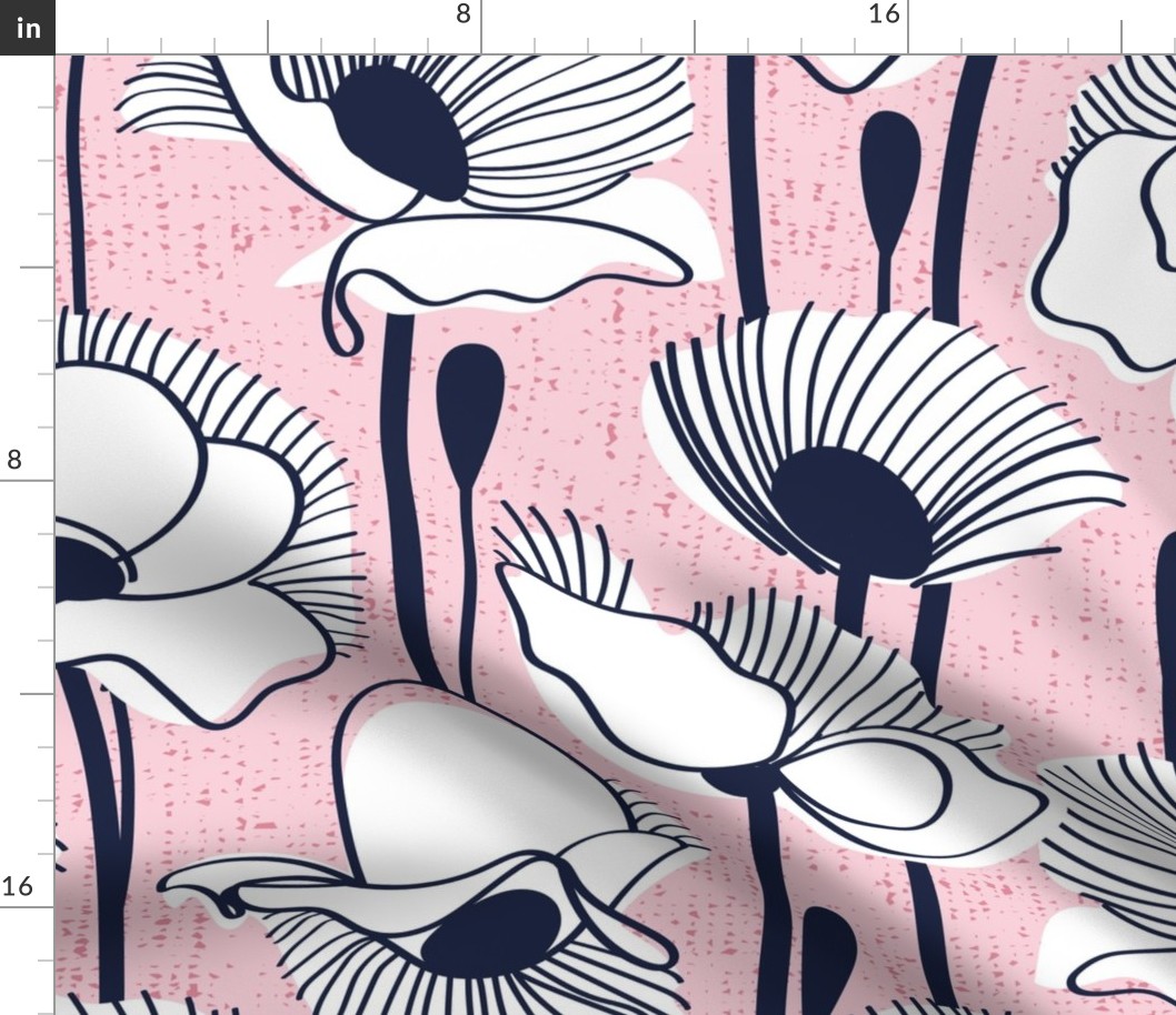 Large jumbo scale // Field of white poppies // pastel pink background white wildflowers oxford navy blue line contour