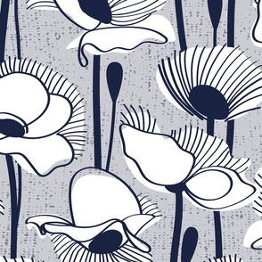 Large jumbo scale // Field of white poppies // light grey background white wildflowers oxford navy blue line contour