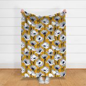 Large jumbo scale // Field of white poppies // goldenrod yellow background white wildflowers oxford navy blue line contour