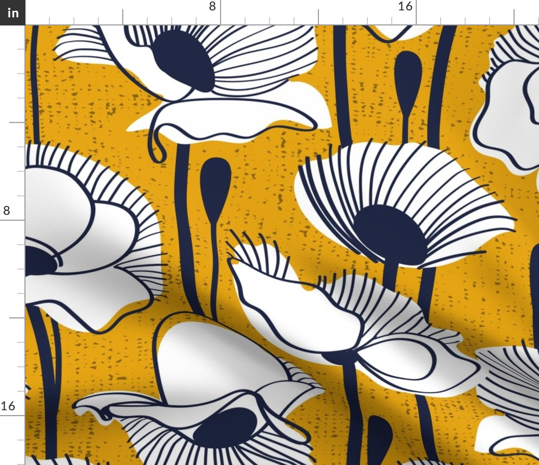 Large jumbo scale // Field of white poppies // goldenrod yellow background white wildflowers oxford navy blue line contour